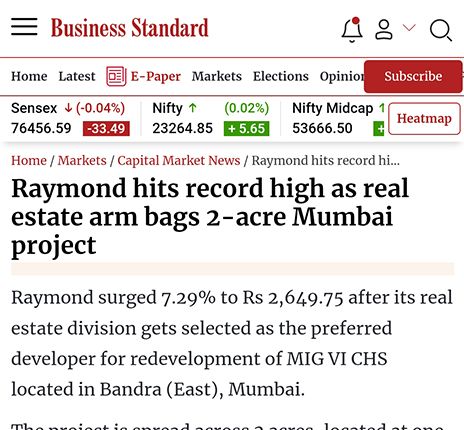 Raymond hits record high as real estate arm bags 2-acre Mumbai project
